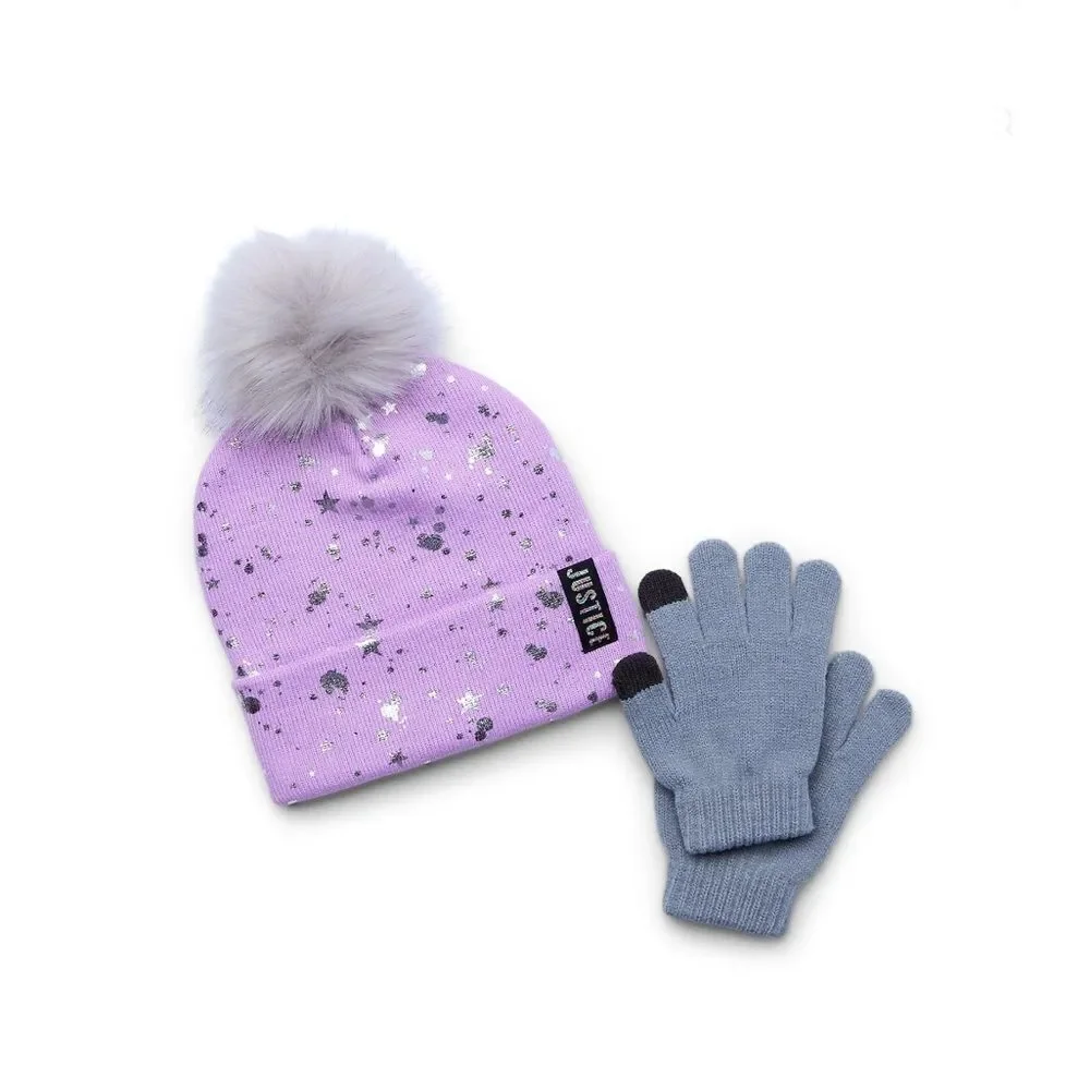 Girls Justice Ribbed & Full Print Winter Cozy Beanie and Gloves 2, 2-Piece Sets